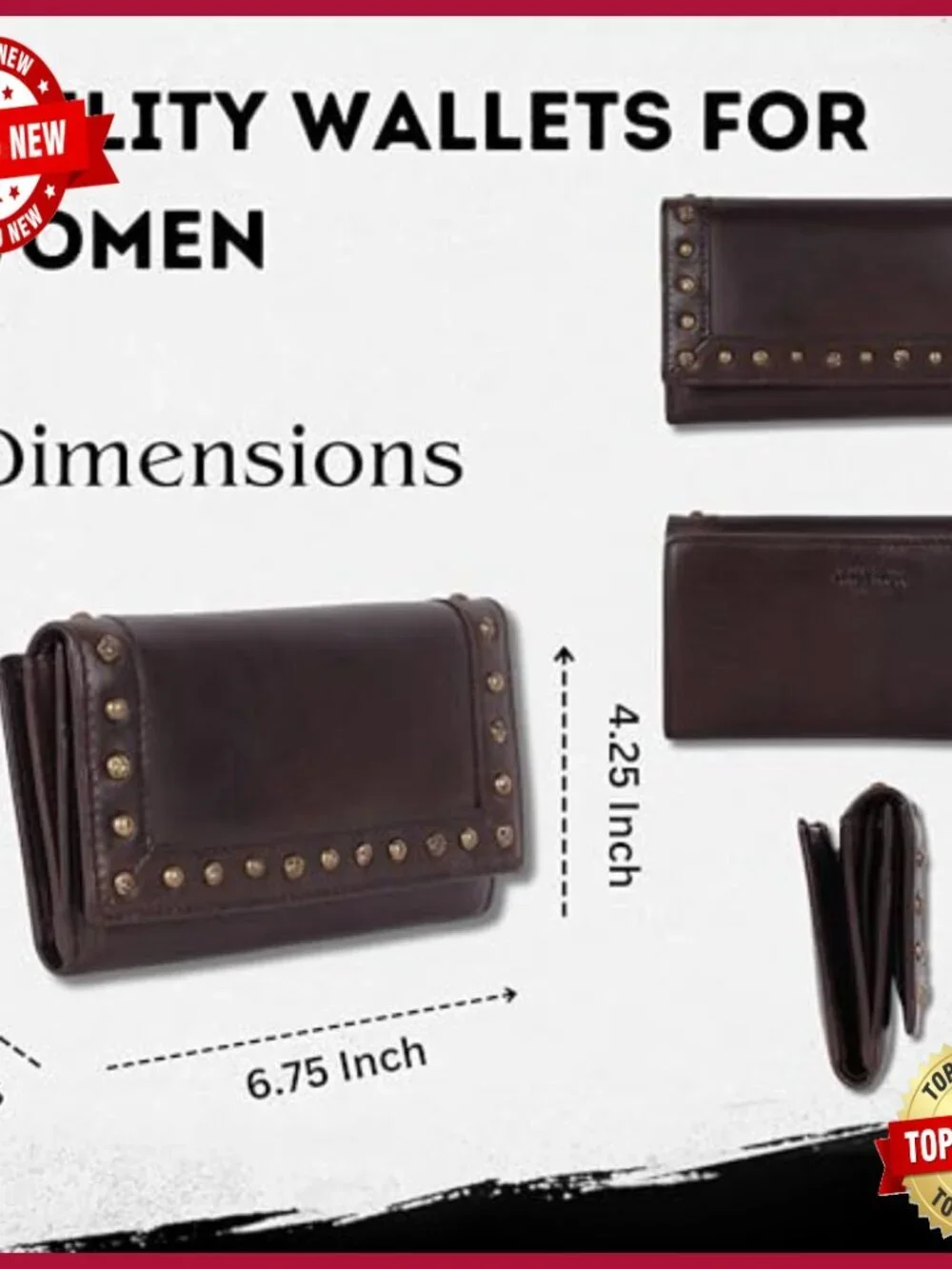 Vintage Italian Leather Studded Trifold Wallet with Zipper Coin Purse